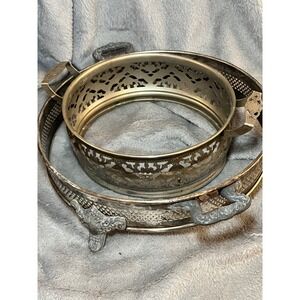 Vintage Silver Plated Pierced Casserole Dish Holders Set 2 Round Ornate 10.5 8.5
